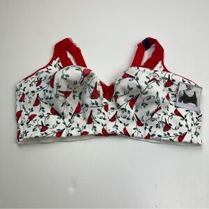 Catherines Intimates No Wire Cotton Comfort White Red Cardinal Bra Size 48DD NEW